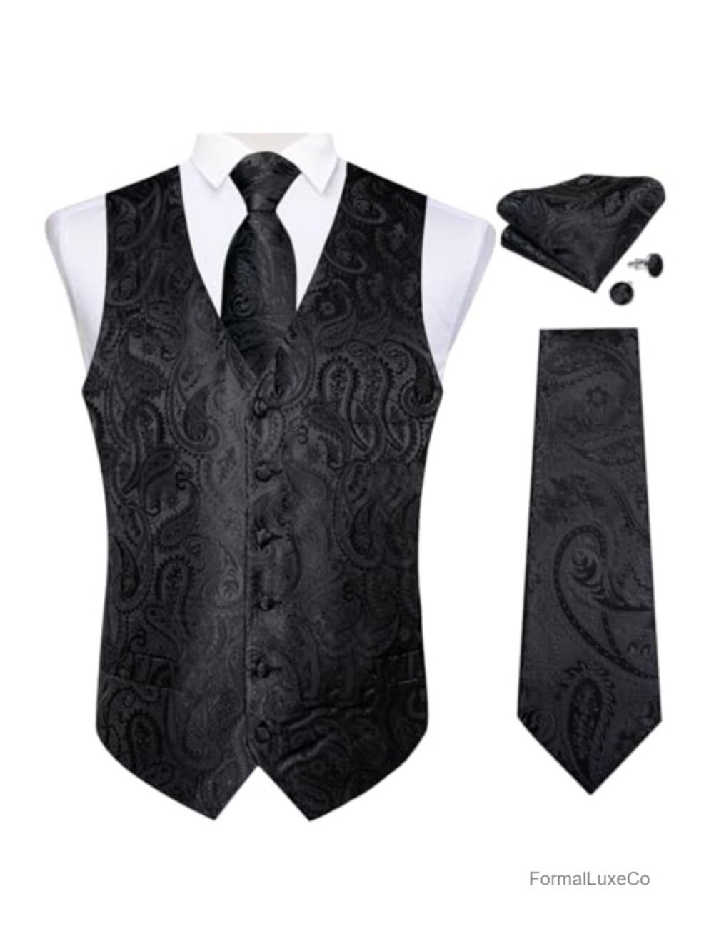 Men's Silk Vest and Tie Set Paisley Waistcoat Necktie Pocket Square Cufflinks